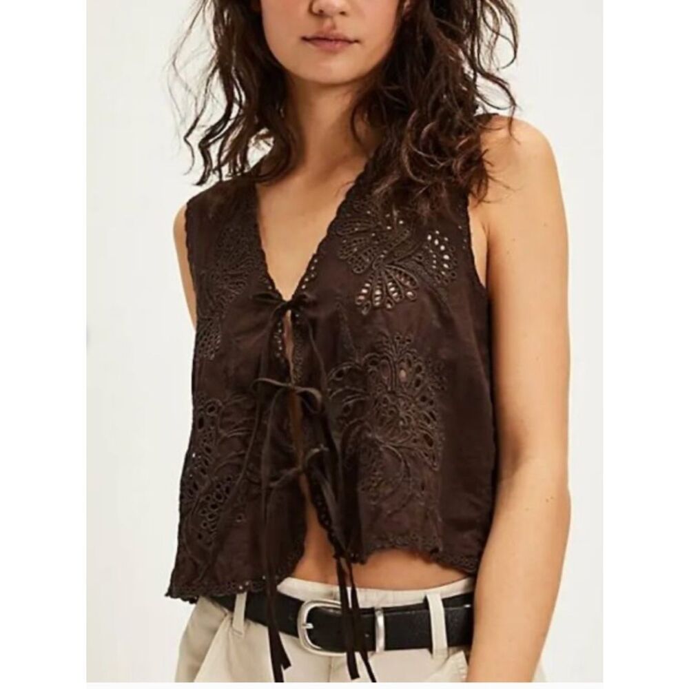 Free People Sweet Escape embroidered eyelet tie front top in brown XS - Picture 1 of 8